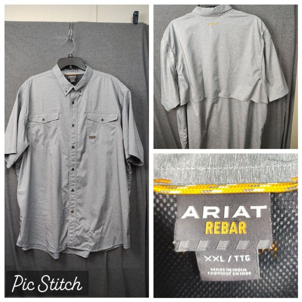 Ariat Rebar Mens Size XXL Gray Button Up Vented Workwear Fishing Shirt